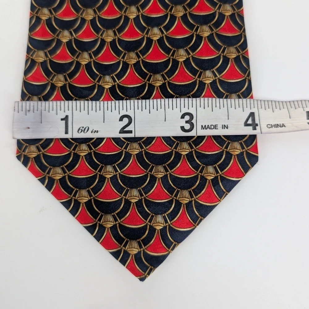 Lanvin Paris Silk Necktie Mens VTG Red Blue Gold Art Deco Scallop Made in France